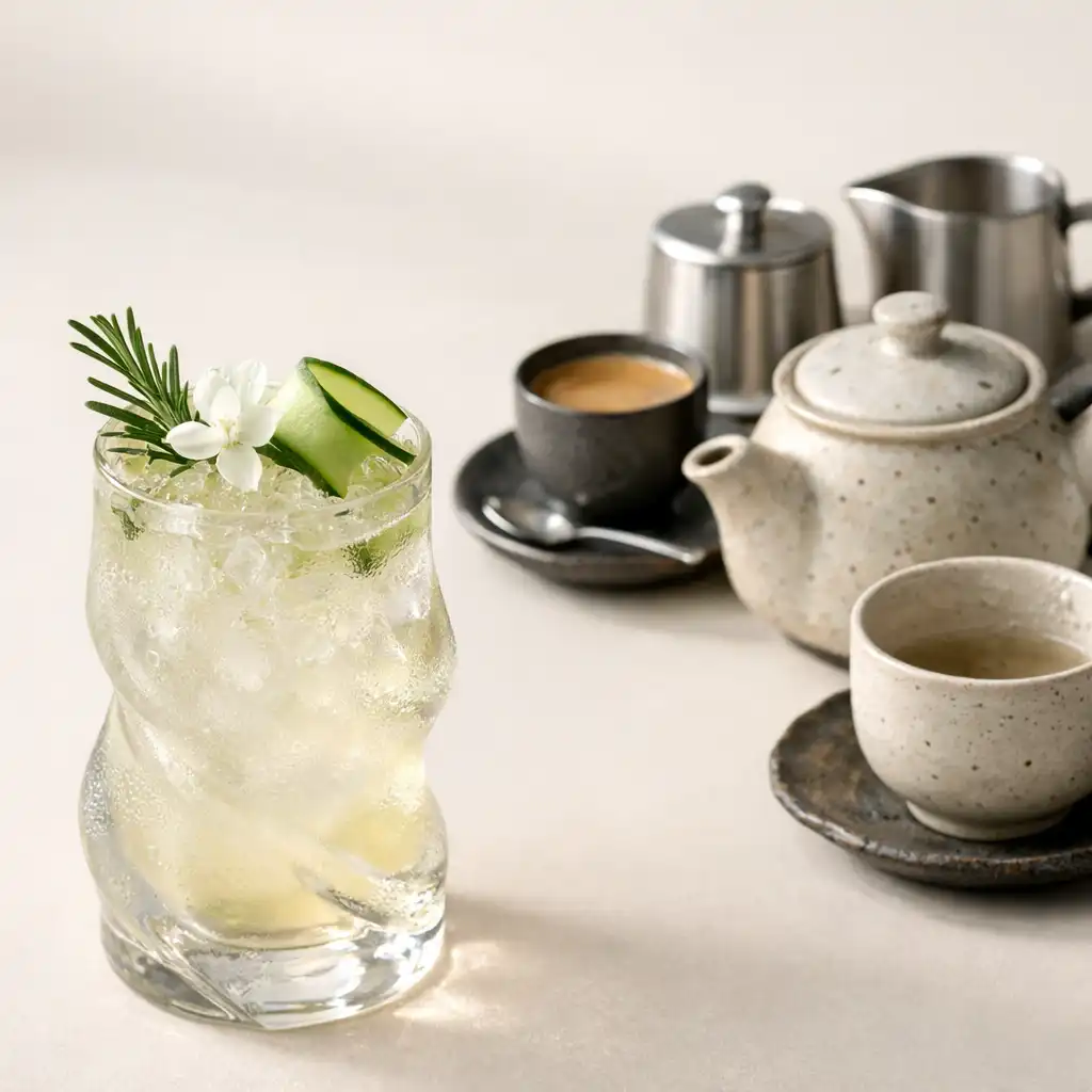 Autorski mocktail w szklanym naczyniu obok ceramicznego serwisu herbacianego