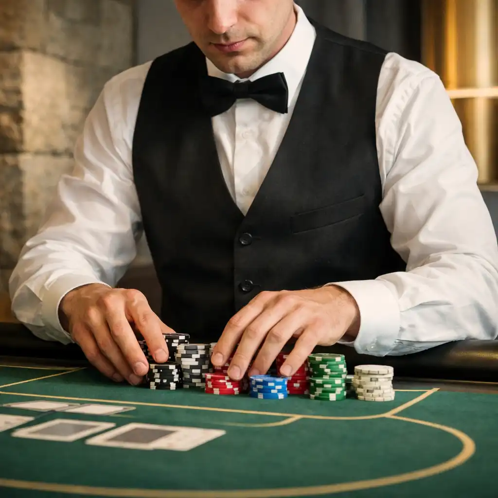Profesjonalny krupier porządkujący żetony przy eleganckim stole
