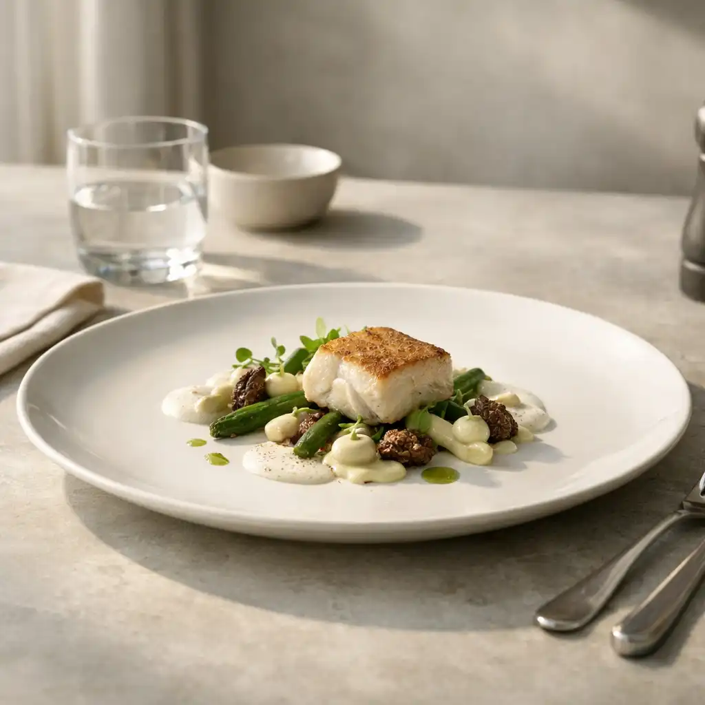 Gourmet danie na jasnej porcelanie w naturalnym świetle