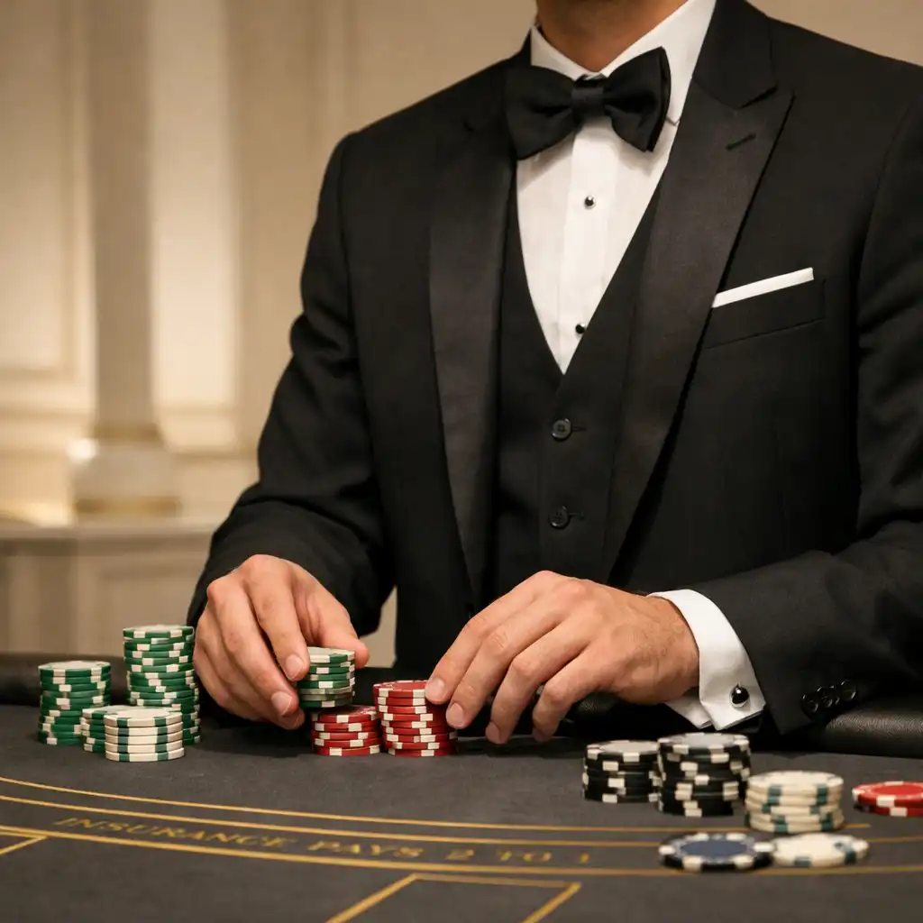 Krupier w stroju black-tie pracujący przy regulaminowym stole