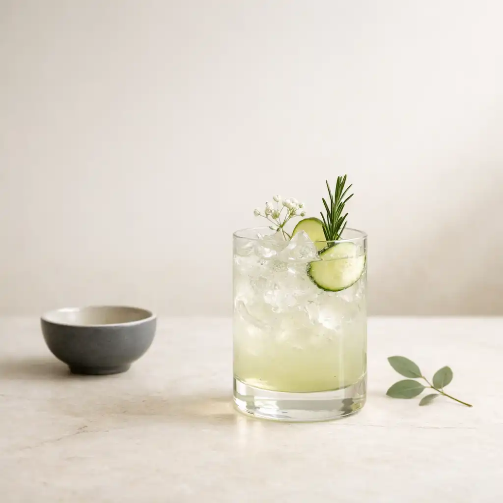 Autorski mocktail w minimalistycznym szkle obok ceramicznej czarki