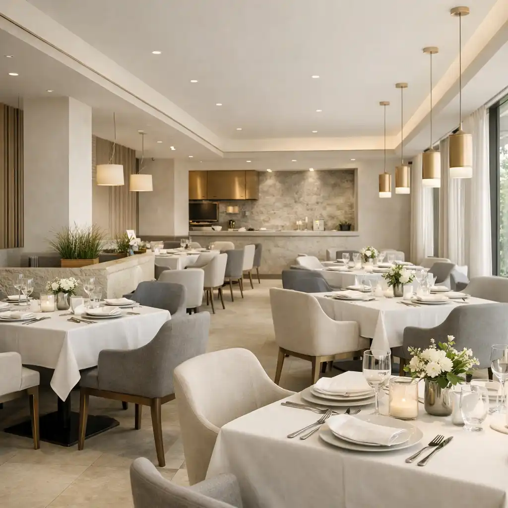 Jasne, nowoczesne wnętrze głównego salonu restauracji Smak Zanel