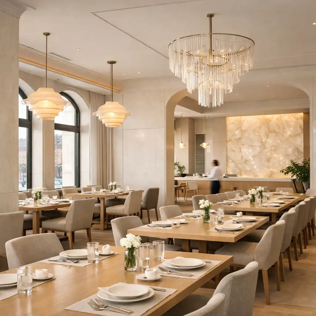 Jasne nowoczesne wnętrze restauracji z przestrzennie ustawionymi stołami