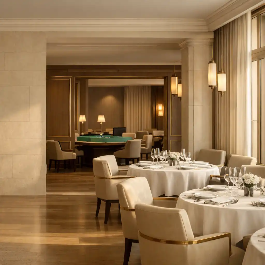 Jasne wnętrze restauracji z elegancko nakrytymi stołami i dyskretną strefą profesjonalnej gry