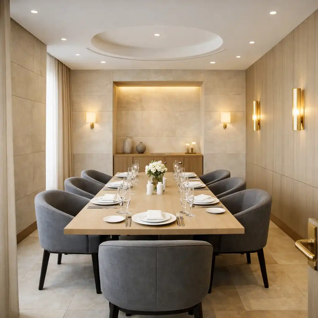Jasna prywatna sala VIP z elegancko przygotowanym stołem restauracyjnym