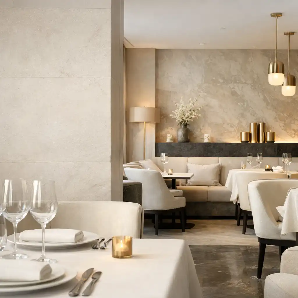 Jasny salon restauracyjny Smak Zanel z kamiennymi powierzchniami, kremową tapicerką i spokojnym oświetleniem