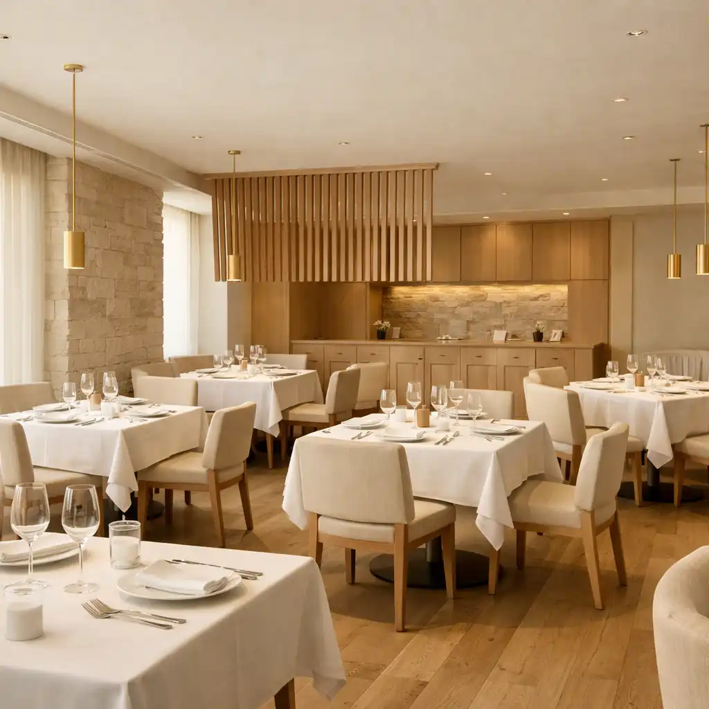 Jasna sala restauracyjna z elegancko nakrytymi stołami