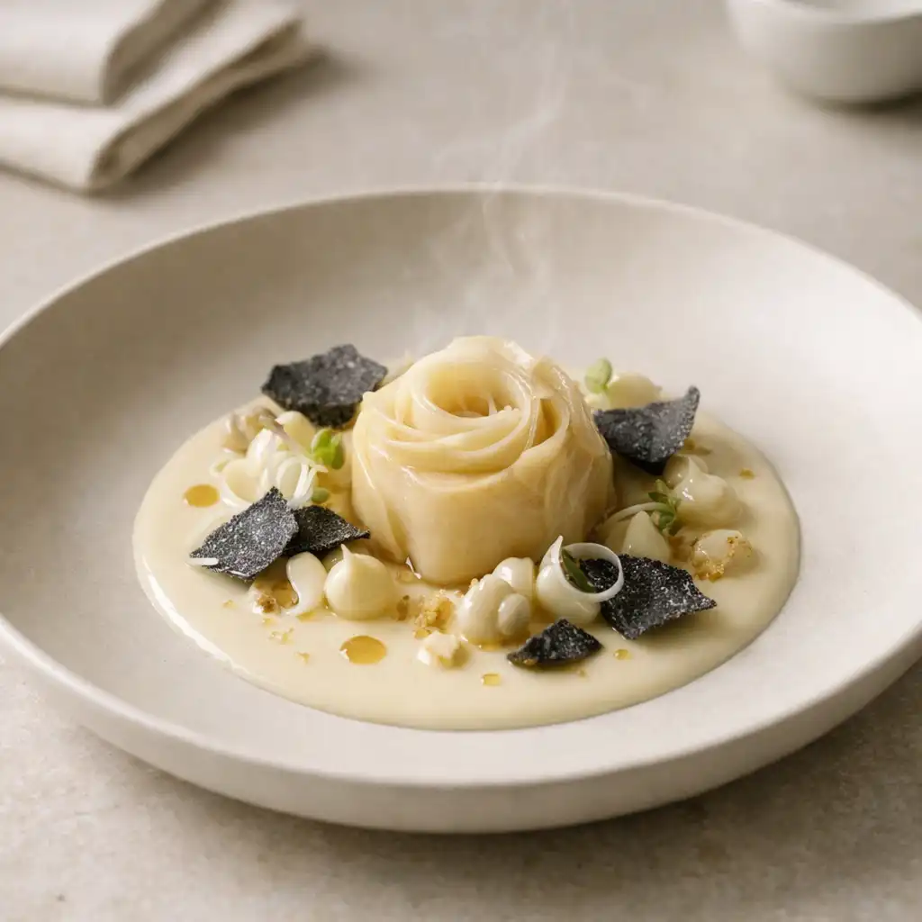 Precyzyjnie podane danie fine dining na jasnej porcelanie