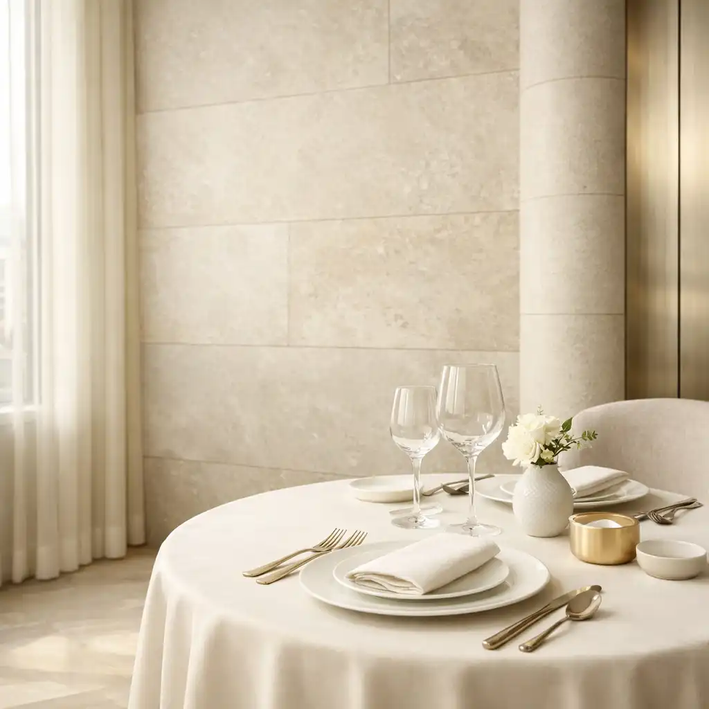 Elegancko nakryty stół w jasnym wnętrzu restauracji fine dining