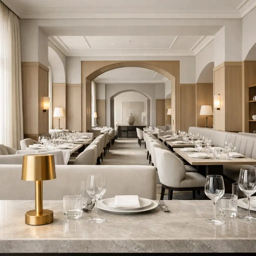 Jasny salon restauracyjny z kamieniem, kremową tapicerką i detalem szczotkowanego złota