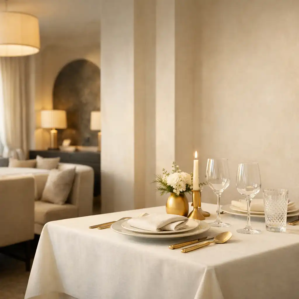 Elegancko przygotowany stół dla dwojga w jasnym wnętrzu restauracji Smak Zanel