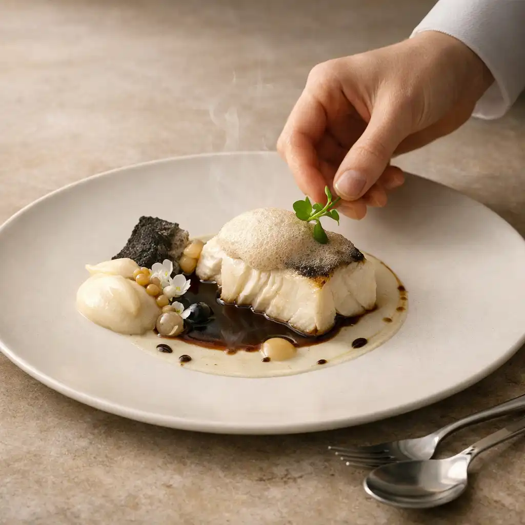 Dopracowane danie haute cuisine na jasnej porcelanie podczas serwisu